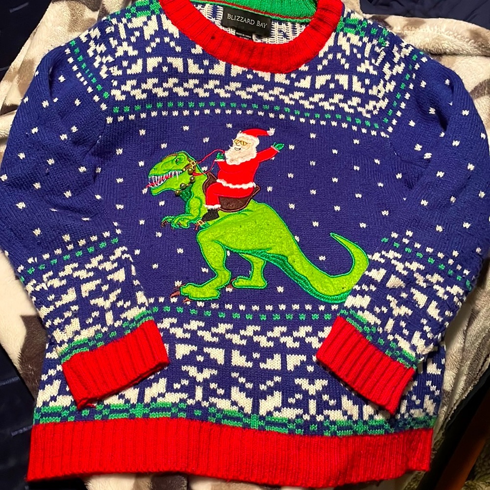 Boys Size 8 - Blizzard Bay fun ugly Christmas sweater with a dinosaur and Santa
